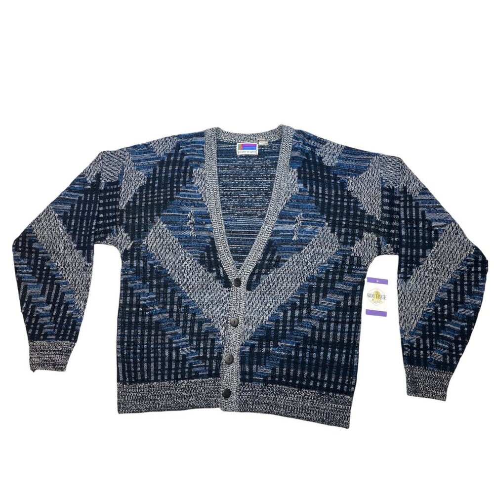 Vintage Sweater Graphix Blue Gray Geometric Cardigan Retro Mens XL Grandpacore